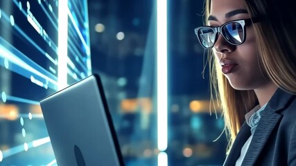 Poster - An ambitious businesswoman in stylish glasses works on a sophisticated laptop, surrounded by digital displays showcasing a blend of cuttingedge technology and professional expertise