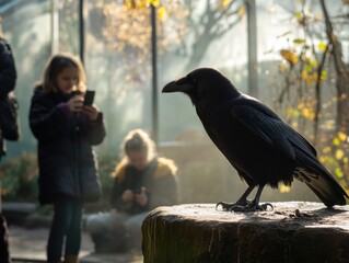 Wall Mural - a black bird sits on top of a decaying tree stump in a natural environment