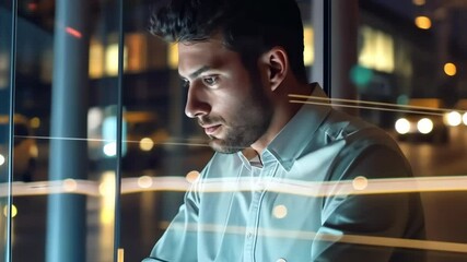 Poster - A young professional analyzes complex data on his laptop, illuminated by vibrant city lights at night, showcasing the fusion of modern technology and dynamic urban business environments