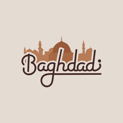 baghdad skyline silhouette illustration with elegant script font, cityscape design element perfect f