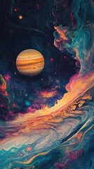 Wall Mural - a colorful illustration of a planet orbiting within a galaxy, ideal for use as a decorative element 