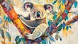 © leo_NARDO - A vibrantly painted Koala resting on a tree branch artwork style beautiful