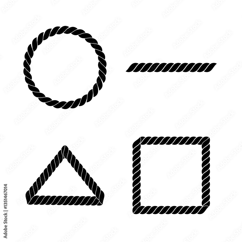 Shape Using Rope Single Black and white geometric shapes made of rope, isolated on white ...
