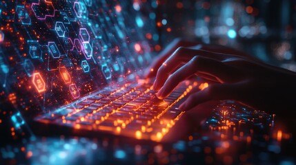 Night city coder typing futuristic interface