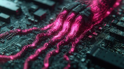 Wall Mural - futuristic circuit board with glowing pink connections