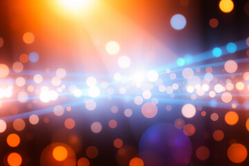 Aufkleber - Abstract background with bright light burst and bokeh circles in shades of orange, blue, and white, creating a vibrant and energetic atmosphere.