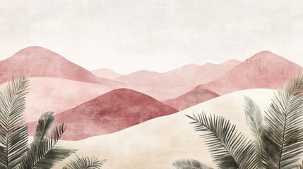 Abstract Pastel Mountains with Palm Trees.  Possible use Digital art print, background image for website