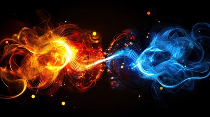 Fototapete - Fiery Synergy Dynamic Abstract Art with Vibrant Orange and Blue Energy Flowing on a Black Canvas