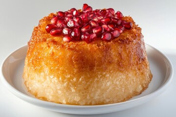 Aufkleber - Delicious cake decorated with fresh pomegranate seeds against a minimalist white background offering a delightful sweet treat