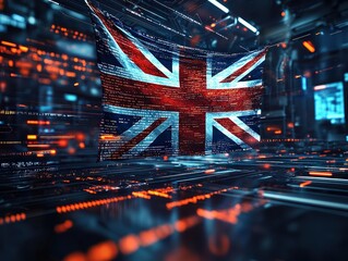Wall Mural -  Digital rendering of UK flag over futuristic tech background, vibrant data grid with glowing cyber lines, symbolizing innovation
