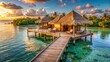 © Miki - Luxury Vacation Tropical overwater bungalows at sunset, surrounded by tranquil waters and lush greenery.