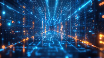 Digital data tunnel with glowing lines, cyberspace background for tech visualization