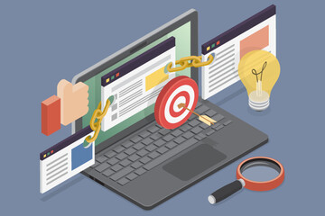 Link building concept. Website links, SEO link building software, collecting backlinks. 3d isometric flat vector illustration.