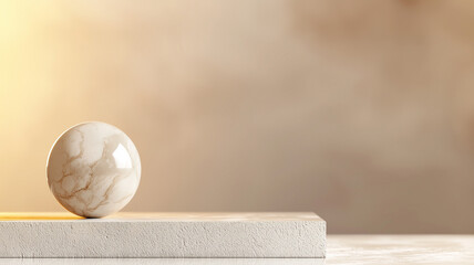Poster - marble sphere rests elegantly on minimalist platform against warm, blurred background, creating serene and luxurious atmosphere