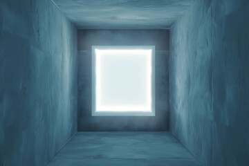Poster - minimalist room with glowing square light on ceiling creates serene and futuristic atmosphere. walls and floor are smooth, enhancing modern design