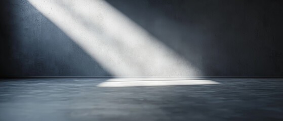 Poster - beam of light streams through window, casting bright rectangle on dark, minimalist room with clean lines and subtle textures, creating serene atmosphere