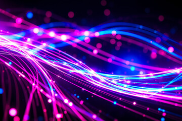 Fototapete - Abstract image of flowing light streams in vibrant blue and purple colors with a bokeh effect on a dark backdrop.