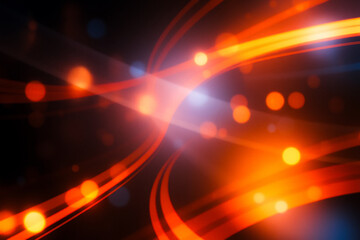 Aufkleber - Abstract image features dynamic orange and blue light streaks and bokeh circles on a dark backdrop, creating an energetic and vibrant visual.