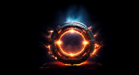 Aufkleber - A glowing circular metallic object with a vibrant orange core and a cool blue aura stands out against a stark black background. Light effects create a powerful and mysterious atmosphere.