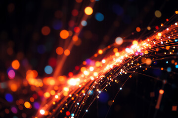 Fototapete - Abstract blurry light trails, orange, red, blue against dark. Lights in motion, dynamic feel.