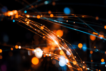 Aufkleber - Abstract blurred image with flowing lines of orange and blue light against a dark backdrop. Suggests dynamic movement, energy, and interconnectedness in a digital or futuristic context.
