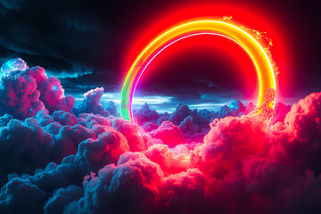 Poster - A vibrant neon circle with yellow and red radiates light onto colorful fluffy clouds. Pink, blue, and white clouds under a dark dramatic sky.