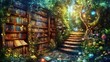 © Sonne - A magical library within a forest with books and a pathway