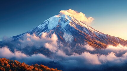 A majestic snow capped mountain towering above fluffy floating clouds
