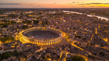 Aerial view of the Arles cityscape at night, South of France