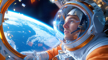 Wall Mural - an astronaut observes the stunning view of earth from a spacecraft while floating in low earth orbit