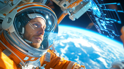 Wall Mural - an astronaut in a bright orange suit examines the planet below while floating in a spacecraft