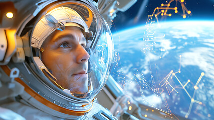 Wall Mural - an astronaut stares intently at earth through the spacecraft window, surrounded by the beauty of spa
