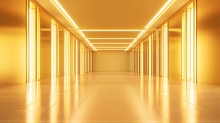 Golden room light reflection abstract corridor architecture interior hall symmetry futuristic wall surface glow empty line luminous modern perspective geometric rectangle glossy illumination space