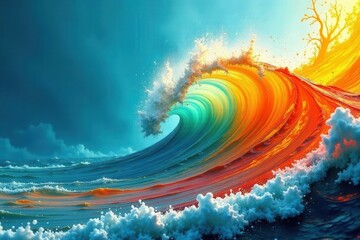 Wall Mural - a vibrant ocean wave, a symphony of color and light, curls and crashes with foamy whitecaps under a 