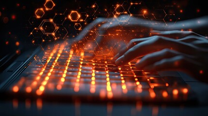 Hands typing on glowing laptop, network background