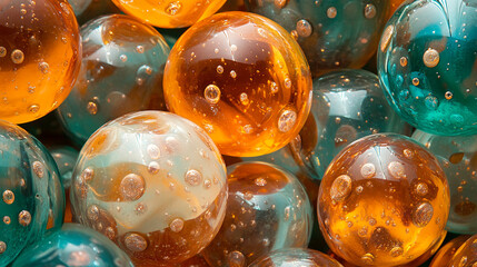 Fototapete - Close-up of amber and teal glass spheres with air bubbles, showcasing a glossy texture and translucent quality, representing elegance, sophistication, or decorative design