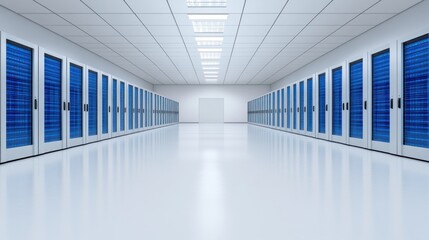  A Stunning View of a Modern Server Room with Rows of Blue-Lighted Servers