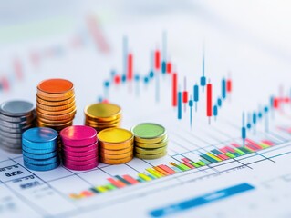 Aufkleber - Close-up of coins and a financial chart depicting economic data for investment strategies and wealth management planning