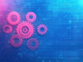 Poster - Multiple gears arranged on a striking blue background creating a dynamic and engaging abstract mechanical design