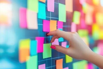 Poster - A hand placing colorful sticky notes on a wall for agile software development and collaborative team planning efforts