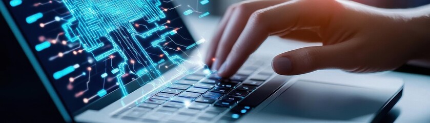 Fototapete - Person typing on a laptop with a focus on creating content and engaging with technology and digital platforms
