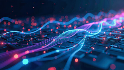 Glowing digital streams flow across a futuristic keyboard, symbolizing data transmission and technological connectivity. Graphical resource for design and downstream advertisement purposes