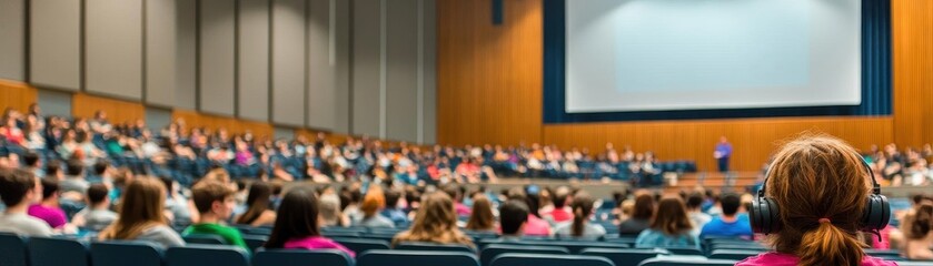 Poster - Focused female attendee in lecture hall listening intently to speaker while engaging with educational content