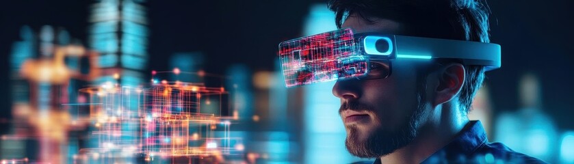 Aufkleber - Innovative man wearing virtual reality headset exploring digital environments and engaging with augmented technology concepts