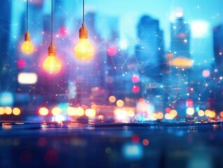 Poster - Nighttime cityscape showcasing lights and connections between buildings representing urban life and technology integration