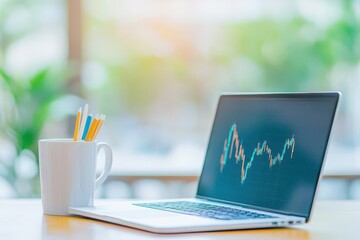 Aufkleber - Laptop and cup of coffee on table with stock market data analysis for traders and financial enthusiasts