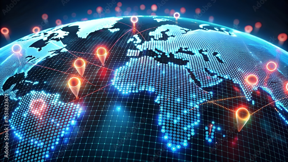 Glowing digital geolocation interface displays GPS navigation. Tracking ...