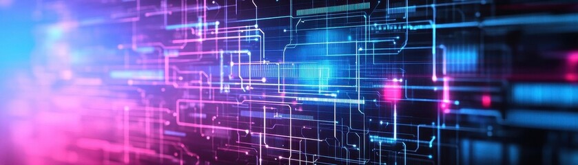Poster - Computer circuitry display on a blue and pink background representing high-tech concepts and digital innovation
