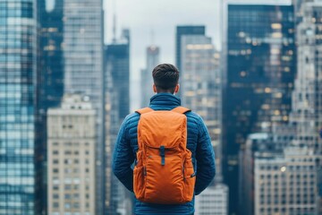 Poster - A man with a backpack observing the cityscape from a height representing the journey of an anonymous businessman