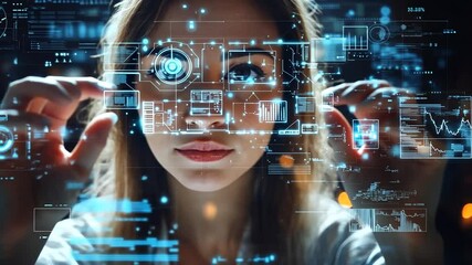 woman interacting with holographic data interface